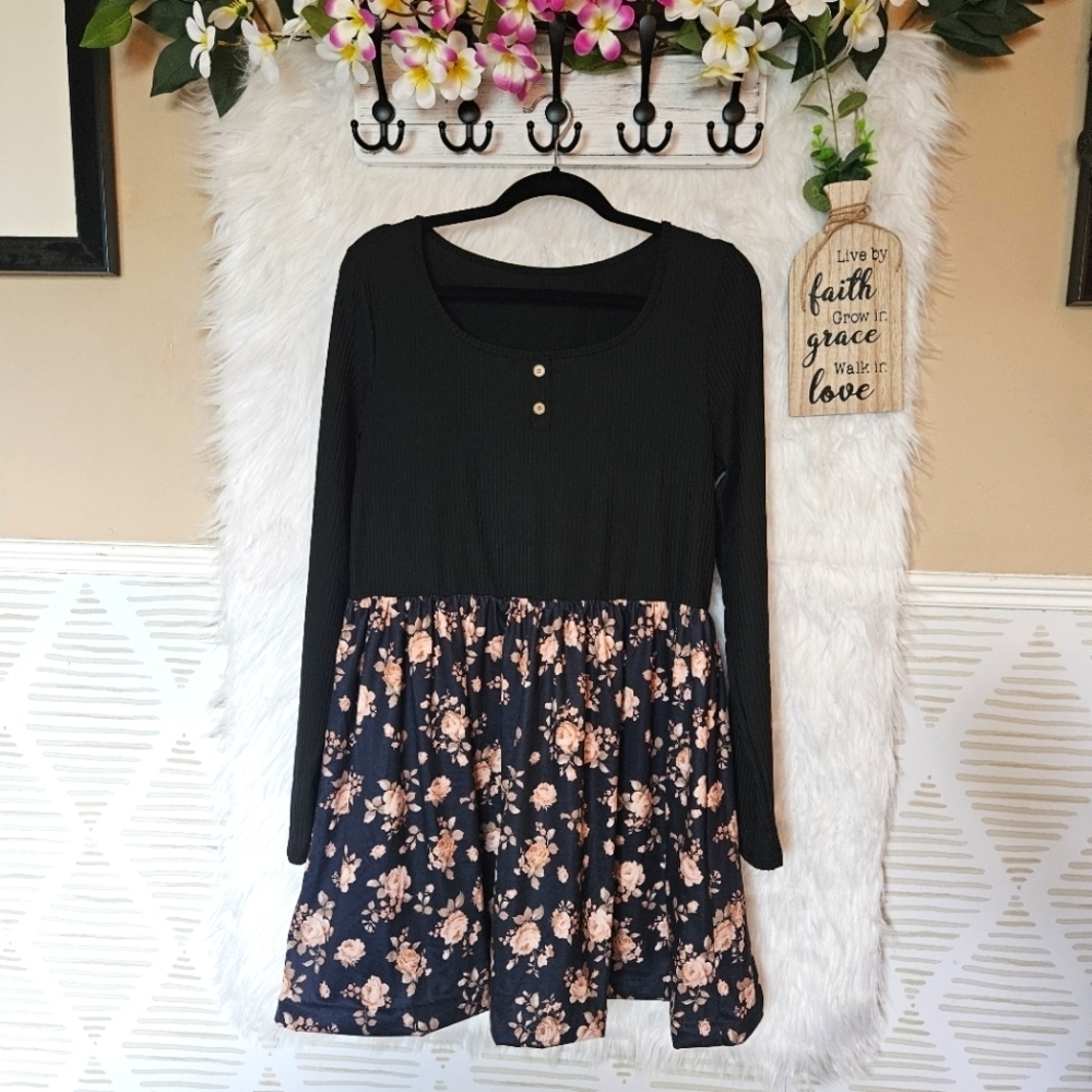 Shein Long Sleeved Ribbed and Floral Fit and Flare Dress